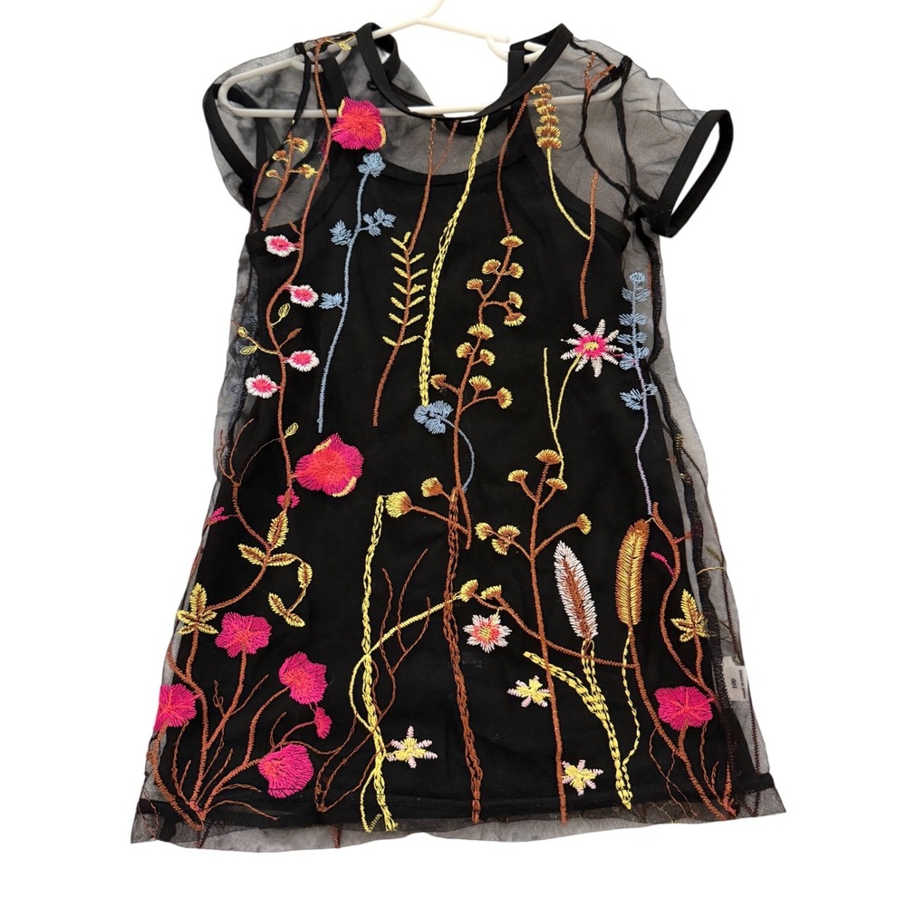 Girls Black Mesh Floral Embroidered Overlay Dress Two Piece Set Size 100